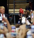 Republican presidential candidate Donald Trump arrives at a rally, Thursday, April 21, 2016, at the Pennsylvania Farm Show Complex and Expo Center in Harrisburg, Pa.