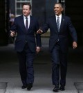 Britain's Prime Minister David Cameron, left, walks with US President Barack Obama, from 10 Downing Street, London after a meeting, Friday, April 22, 2016.