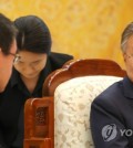 South Korean President Moon Jae-in (R) speaks during a meeting with Japanese Foreign Minister Taro Kono at his office Cheong Wa Dae in Seoul on April 11, 2018. (Yonhap)