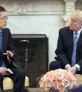 In this photo provided by South Korea's presidential office, Cheong Wa Dae, Chung Eui-yong, chief of the presidential National Security Office, meets with U.S. President Donald Trump at the White House in Washington on March 8, 2018. (Yonhap)