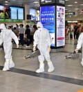 Sanitation workers disinfect Seoul Central Station on Sept. 11, 2018, as part of efforts to stop the spread of Middle East Respiratory Syndrome (MERS). A 61-year-old South Korean man was on Sept. 8 to be infected with the MERS virus after traveling to Kuwait via Dubai. (Yonhap)