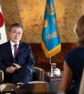 South Korean President Moon Jae-in (L) is interviewed by Britain's BBC news at his office Cheong Wa Dae in Seoul on Oct. 12, 2018, in this photo released by Cheong Wa Dae. (Yonhap)