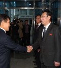 South Korea's Vice Health Minister Kwon Deok-cheol (L) shakes hands with his North Korean counterpart, Pak Myong-su, on Nov. 7, 2018 (Pool photo) (Yonhap)