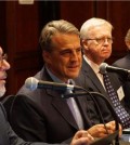 In this photo provided by IATA, the global airline body's Director General and CEO Alexandre de Juniac (2nd from L) speaks during a press conference in Seoul on May 29, 2019. (Yonhap)