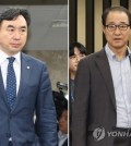 Reps. Youn Kwan-suk (L) and Lee Sung-man attend a plenary meeting of the Democratic Party on May 3, 2023. (Yonhap)