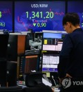 Screens show the major KOSPI and tech-rich KOSDAQ stock indexes and the won-dollar exchange rate at a Hana Bank branch in central Seoul on May 3, 2023. (Yonhap)