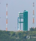 South Korea's space rocket Nuri is erected at the launch pad at the Naro Space Center in Goheung, South Jeolla Province, on May 23, 2023. (Yonhap)