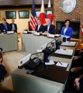 U.S. President Joe Biden, Japan's Prime Minister Fumio Kishida, South Korean President Yoon Suk Yeol and U.S. Secretary of State Antony Blinken attend a trilateral summit at Camp David near Thurmont, Maryland, U.S., August 18, 2023. REUTERS/Evelyn Hockstein