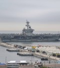 The nuclear-powered aircraft carrier USS Theodore Roosevelt arrives at a naval base in the southeastern port city of Busan on June 22, 2024, in this photo provided by the Navy. (PHOTO NOT FOR SALE) (Yonhap)