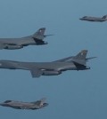 A U.S. B-1B bomber aircraft stages joint air drills with South Korean fighter jets over South Korea on June 5, 2024, in this photo provided by the defense ministry. (PHOTO NOT FOR SALE) (Yonhap)