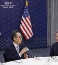 Foreign Minister Cho Tae-yul (L) speaks to U.S. Secretary of State Antony Blinken before starting official talks at Seoul's foreign ministry on March 18, 2024. (Yonhap)