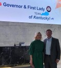 This photo taken July 15, 2024, shows Kentucky Gov. Andy Beshear (R) and his wife at SK Group's headquarters in Jongno, central Seoul. (Yonhap)