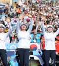 Nam Su-hyeon, Lim Si-hyeon and Jeon Hun-young of South Korea (L to R) celebrate after winning the gold medal in the women's archery team event at the Paris Olympics at Invalides in Paris on July 28, 2024. (Yonhap)