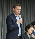 This photo provided by the office of Rep. Lee Yong-woo shows Mathias Vaitl (2nd from L), CEO and president of Mercedes-Benz Korea, speaking at a meeting on Aug. 14, 2024, with residents of a South Korean apartment complex fire that began from a Mercedes-Benz electric vehicle earlier this month in Incheon, west of Seoul. (PHOTO NOT FOR SALE) (Yonhap)