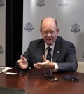 Sen. Chris Coons (D-Del) speaks during an interview with Yonhap News Agency in Seoul on Sept. 3, 2024, in this photo provided by the U.S. Embassy in Seoul. (PHOTO NOT FOR SALE) (Yonhap)