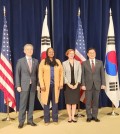 South Korea's First Vice Foreign Minister Kim Hong-kyun (L) and Deputy Defense Minister for Policy Cho Chang-rae (R), and Under Secretary of State for Arms Control and International Security Bonnie Jenkins (2nd from L) and Acting Deputy Under Secretary of Defense for Policy Cara Abercrombie pose for a photo after a press conference at the State Department in Washington on Sept. 4, 2024. (Yonhap)