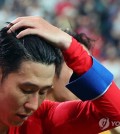 Son Heung-min of South Korea reacts to his team's goalless draw against Palestine in the teams' Group B match in the third round of the Asian World Cup qualification at Seoul World Cup Stadium in Seoul on Sept. 5, 2024. (Yonhap)