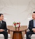 President Yoon Suk Yeol (R) talks with Japanese Prime Minister Fumio Kishida during their meeting at the presidential office in Seoul on Sept. 6, 2024, in this photo provided by Yoon's office. (PHOTO NOT FOR SALE) (Yonhap)