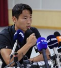 Suwon FC player Son Jun-ho speaks during a press conference in Suwon, south of Seoul, on Sept. 11, 2024, claiming his innocence in light of China's decision to ban him for life over match-fixing charges. (Yonhap)