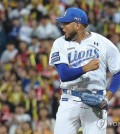 Samsung Lions starter Denyi Reyes celebrates after retiring the side in order in the top of the sixth inning of Game 3 of the Korean Series against the Kia Tigers at Daegu Samsung Lions Park in Daegu, 235 kilometers southeast of Seoul, on Oct. 25, 2024. (Yonhap)