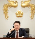 President Yoon Suk Yeol speaks during his phone call with European Commission President Ursula von der Leyen at the presidential office in Seoul on Oct. 28, 2024, in this photo provided by his office. (PHOTO NOT FOR SALE) (Yonhap)