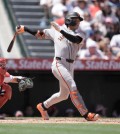 Apr 20, 2025; Anaheim, California, USA; San Francisco Giants center fielder Jung Hoo Lee (51) bats in the third inning against the Los Angeles Angels at Angel Stadium. Mandatory Credit: Kirby Lee-Imagn Images